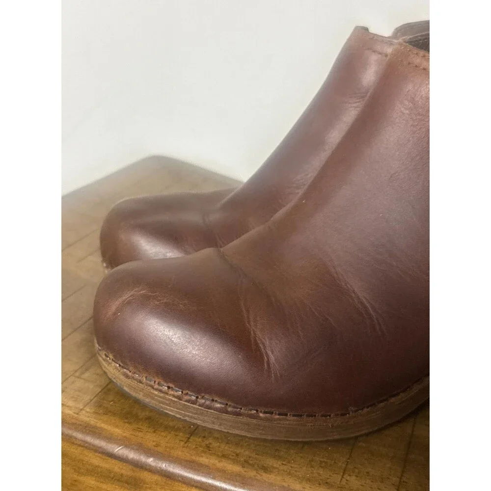 Dansko Women’s 38 Brown Leather Ankle Boots Booties Chunky Heel Comfort